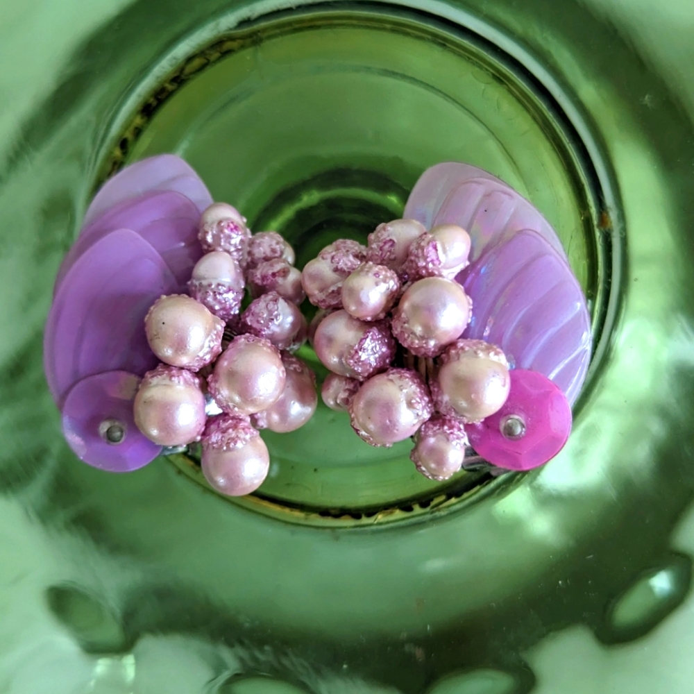 Vintage West Germany Pink Faux Pearl and Acrylic Cluster Clip Earrings
